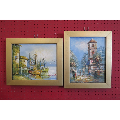 1057 - Two acrylic on canvas pictures, fishing port and Continental street scenes, both gilt framed, 19cm x... 