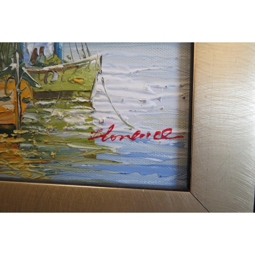 1057 - Two acrylic on canvas pictures, fishing port and Continental street scenes, both gilt framed, 19cm x... 