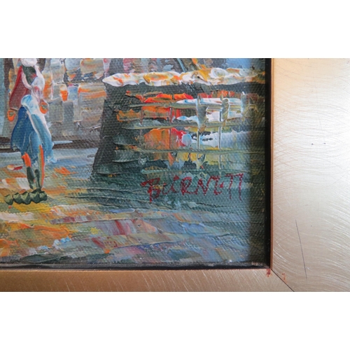 1057 - Two acrylic on canvas pictures, fishing port and Continental street scenes, both gilt framed, 19cm x... 