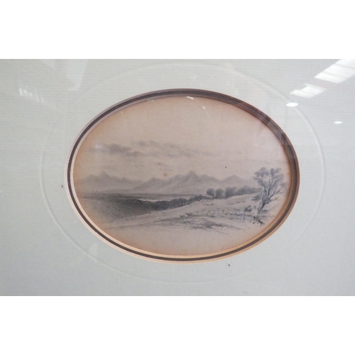 1074 - Two oval mounted pencil drawings: coastal dwelling and hillside with mountains in distance, figures ... 