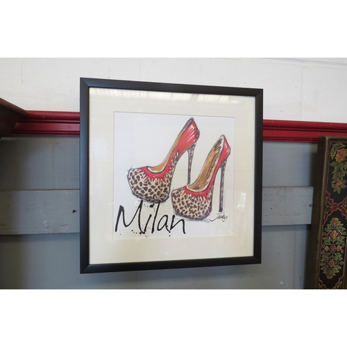 1085 - A Milan print of leopard skin high heeled shoes, framed and glazed, 29cm x 29cm image size   (R) £0