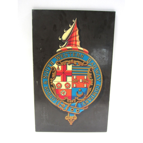 8130 - A wooden transfer print of the London South Western Railway Company crest, 48 x 30.5cm