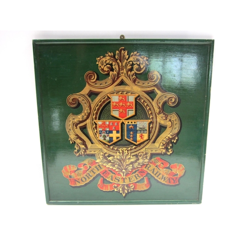 8131 - A wooden transfer print of the North Eastern Railway Company crest 50.5 x 50.5cm