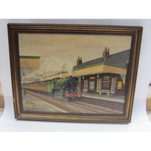 8135 - A framed acrylic on board depicting LNER Gresley locomotive 2817 at Wymondham Station, 68 x 53.5cm