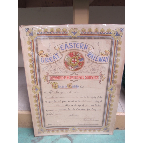 8138 - A cardboard backed GER certificate 'Reward for Faithful Service' given to Mr George Johnson who reti... 