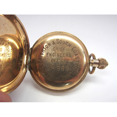 8140 - A gold filled chronograph pocket watch with two subsidary dials and miles per hour marked around the... 