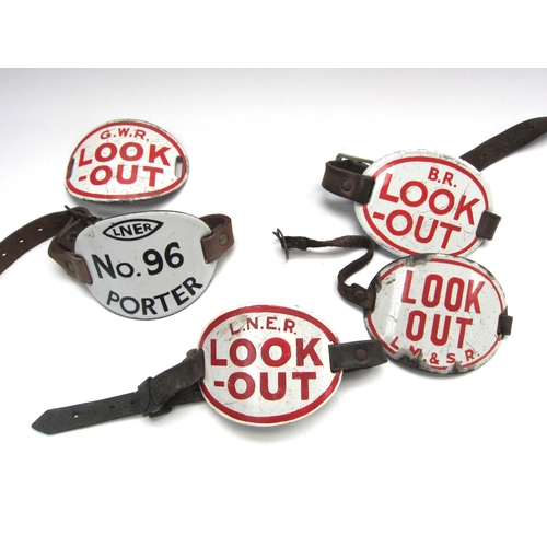 8146 - Four enamel Look Out armbands for LM&SR, GWR, LNER and BR and an enamel LNER Porters armband, one st... 