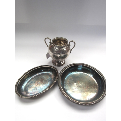 8148 - Two plated bowls marked SR and flag crest and a twin handled plated urn marked LMS Hotels