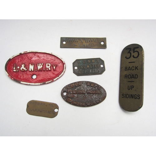 8158 - A quantity of iron and brass plates including LNWR, LNER Police and two signal box lever plates, som... 