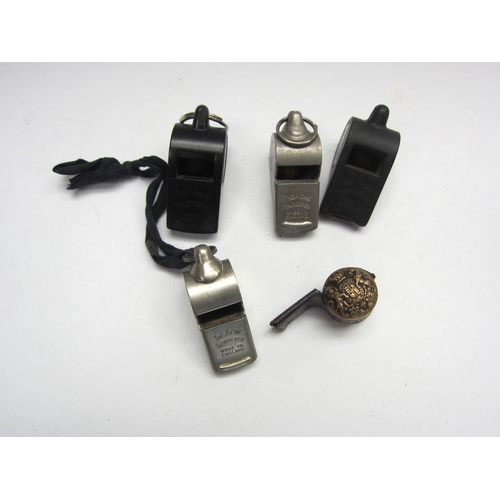 8159 - Four metal and bakelite BR Thunderer whistles, stamped BR (S), BR (M) and BR, also including a milit... 