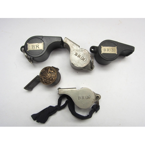 8159 - Four metal and bakelite BR Thunderer whistles, stamped BR (S), BR (M) and BR, also including a milit... 