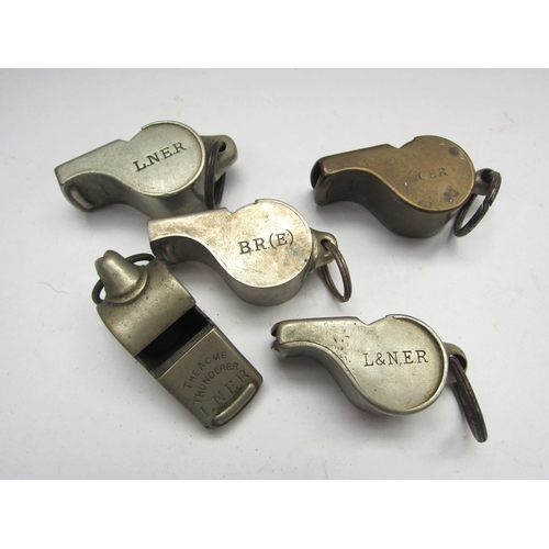 8160 - Five metal Thunderer whistles stamped GER, LNER, and BR (E)