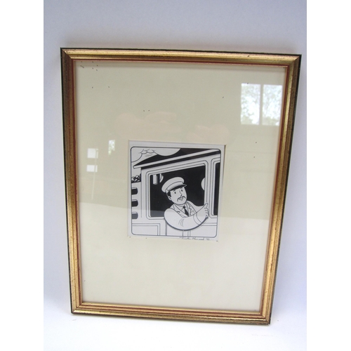 8168 - TIMOTHY MARWOOD (1954-2008) A framed and glazed pen and ink drawing of an engine driver, signed and ... 