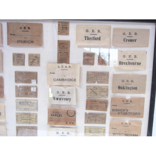 8200 - A framed and glazed display of various luggage labels and tickets, mostly relating to GER, LNER and ... 