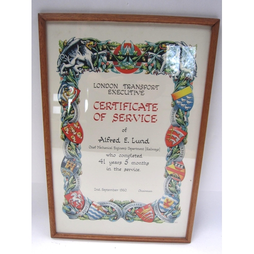 8212 - A framed and glazed certificate of service of Alfred E. Lund after 41 years 5 Months in service, dat... 