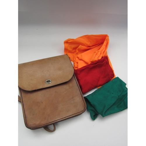 8213 - A leather guards satchel with red and green flag and hi-vis, bag marked BR