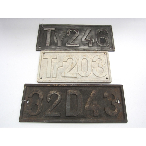 8216 - Three cast and alloy Polish Railways locomotive cabside plates - TY246, TR 203 and 32D43, longest 43... 