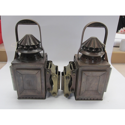 8232 - A set of three copper traction engine lamps, front pair with flared bulbous lenses and L/H and R/H s... 