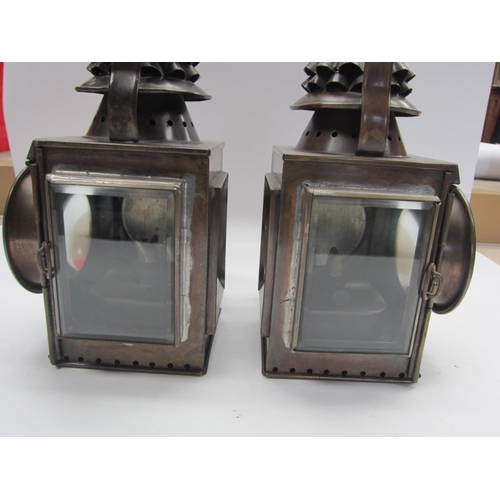 8232 - A set of three copper traction engine lamps, front pair with flared bulbous lenses and L/H and R/H s... 