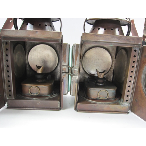 8232 - A set of three copper traction engine lamps, front pair with flared bulbous lenses and L/H and R/H s... 