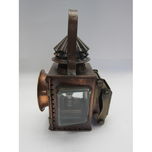 8232 - A set of three copper traction engine lamps, front pair with flared bulbous lenses and L/H and R/H s... 