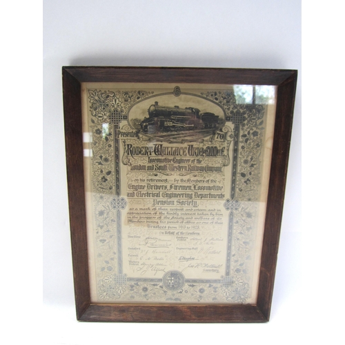 8235 - A framed and glazed retirment presentation on behalf of the LSWR to Robert Wallace for his Service a... 