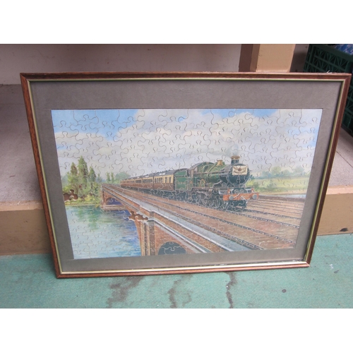 8239 - A framed and glazed 200 piece GWR jigsaw puzzle 'The Cheltenham Flyer, incomplete, frame and glass a... 