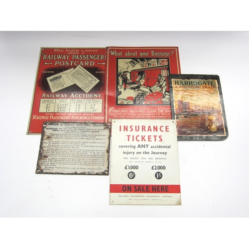 8242 - A quantity of tin and slate advertising signs including Harrogate Pullman, Insurance tickets and pas... 