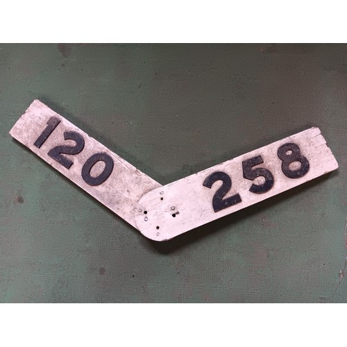 8205 - A wooden railway gradient board 258/120, raised black lettering on white background, unrestored