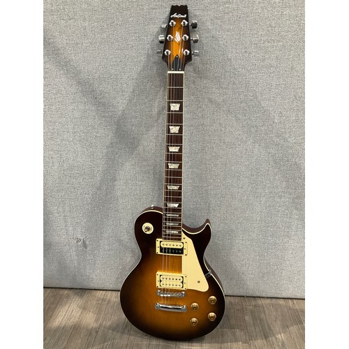 1093 - An Aria Pro II Les Paul style electric guitar, sunburst body, with brown leather effect fitted case