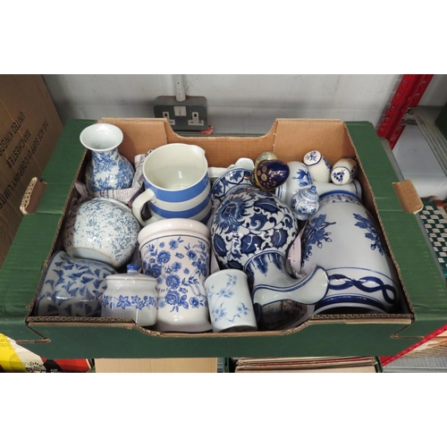 1211 - A box of blue and white ceramics including large T.G. Green jug (green shield mark to base)