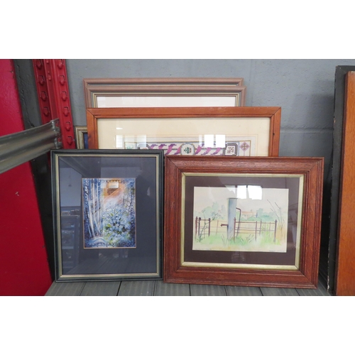 1225 - SUE HEASER: Three watercolour paintings, each signed, framed and glazed, together with a sampler and... 