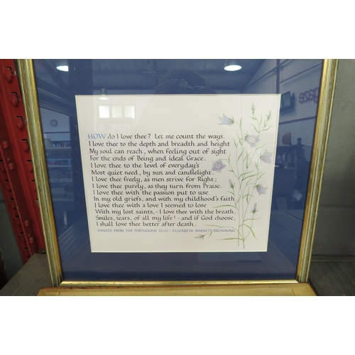 1225 - SUE HEASER: Three watercolour paintings, each signed, framed and glazed, together with a sampler and... 