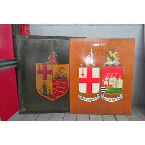 1227 - Two wooden backed transfer county crests, 35cm tall