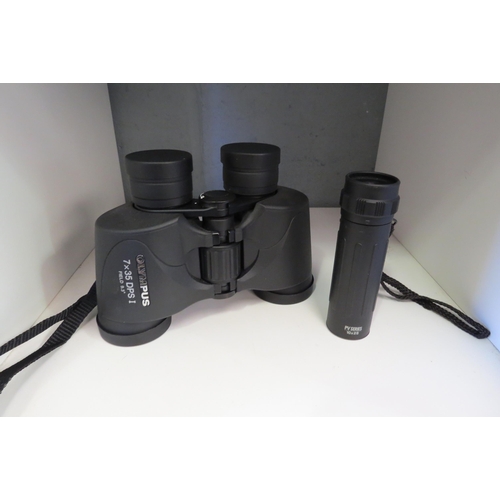 1261 - A pair of Olympus 7 x 35 DPS I binoculars with lens caps and soft case, together with a Vivitar PV S... 