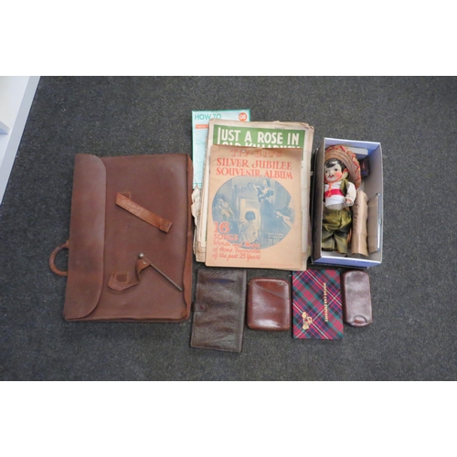 1262 - A mixed lot including sheet music, leather cigar cases, pipe, foreign coinage, doll, etc