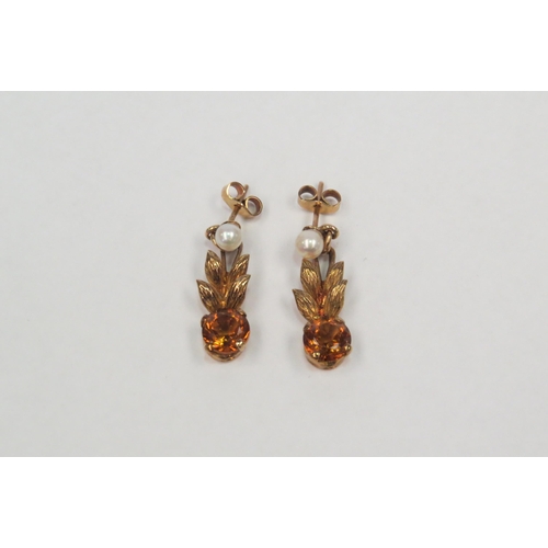 1295 - A pair of 9ct gold citrine and pearl set drop earrings.  Approximately 3g