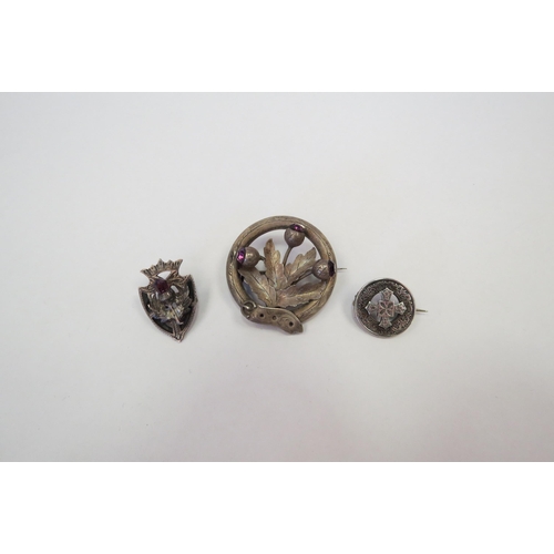 1302 - Three silver and white metal Scottish theme brooches including thistle and buckle, shield shaped, et... 