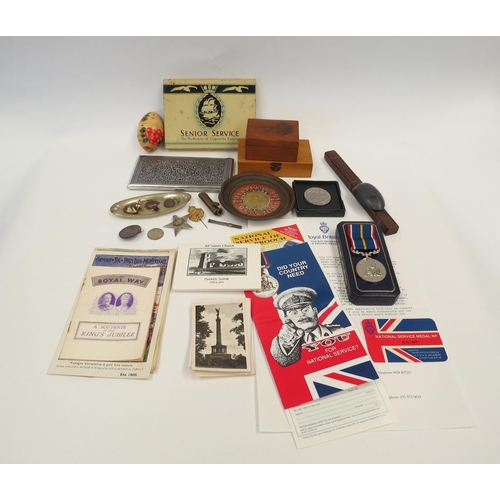 1309 - A selection of collectables including National Service Medal, Bury St Edmunds pub game, treen boxes,... 