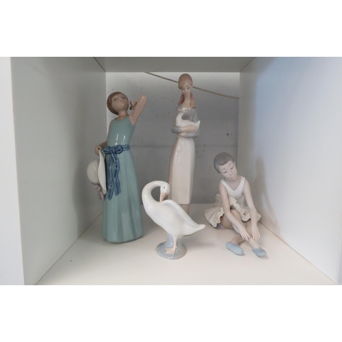 1347 - Two Lladro figures, girl with hat (a/f) and goose together with two Nao figures, ballerina and girl ... 