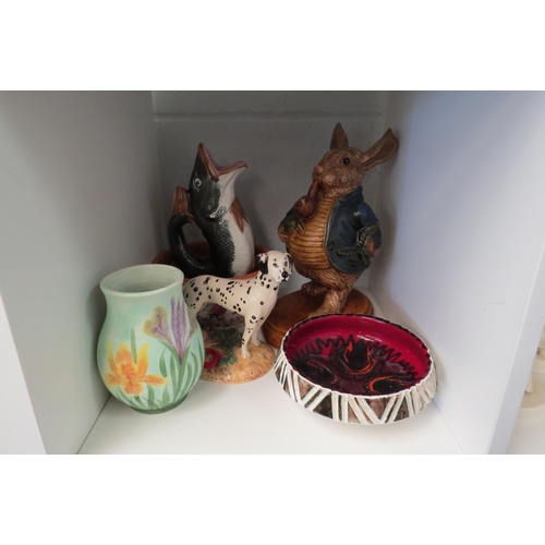 1354 - A ceramic rabbit with pipe, glug jug, Royal Doulton Dalmatian, Radford vase and two bowls (6)