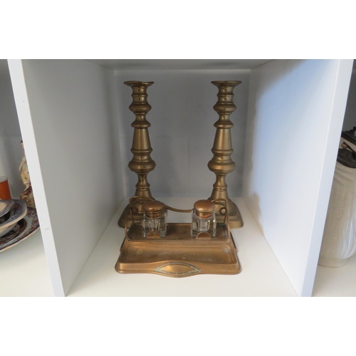 1357 - A pair of brass candlesticks and an inkwell