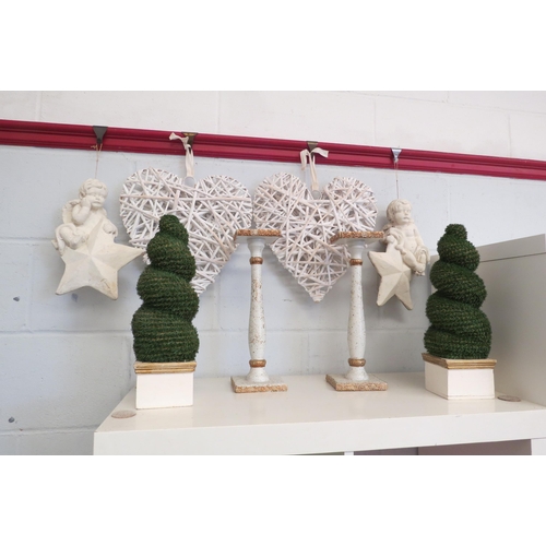 1364 - A pair of faux potted trees, hanging wicker hearts, cherubs and candlesticks (8)     (E) £10-15   (R... 