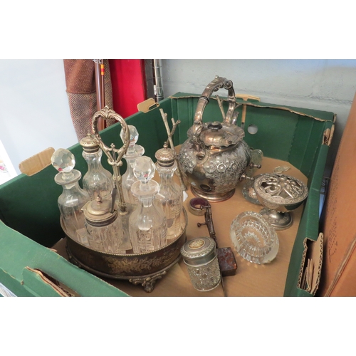 1387 - A mixed lot of silver plate and cut glass including condiment set, embossed kettle and dishes