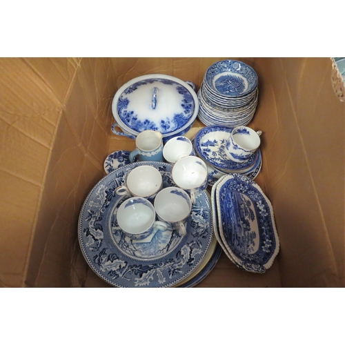 1390 - A collection of blue and white ceramics including Copeland, Johnson Bros, Betsy Ross dishes and cups