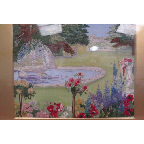 1400 - A thread work picture of garden scene with water fountain, gilt framed and glazed, 19cm x 24cm image... 