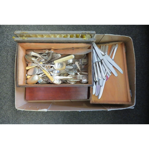 1403 - A box containing flatware, including loose and cased, coffee bean spoons, fish knives and forks etc.