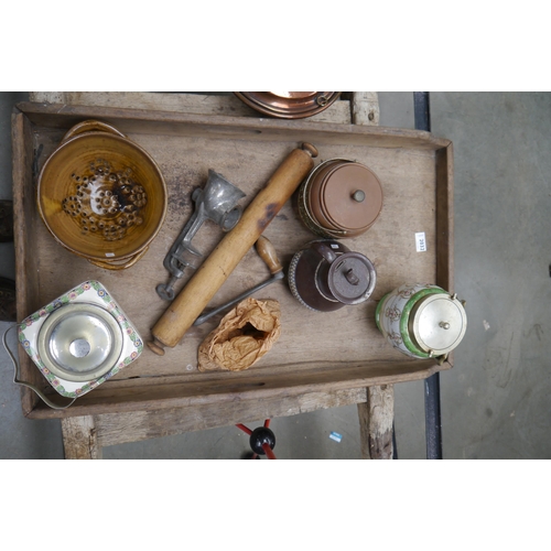 2032 - A Victorian butlers tray, three biscuit barrels, mincer, metal jug etc   (R) £20