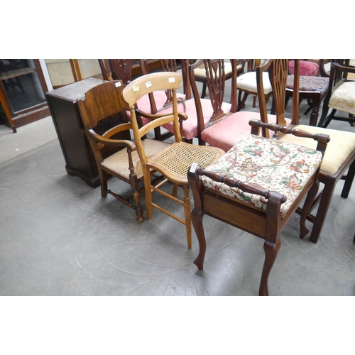 2190 - A 1930's piano stool together with a late Deco walnut chair with seagrass seat, a bedroom chair with... 