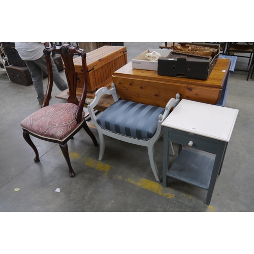 2290 - An Edwardian mahogany side chair, a two-tier occasional table and a dressing table stool (3)   (E) £... 